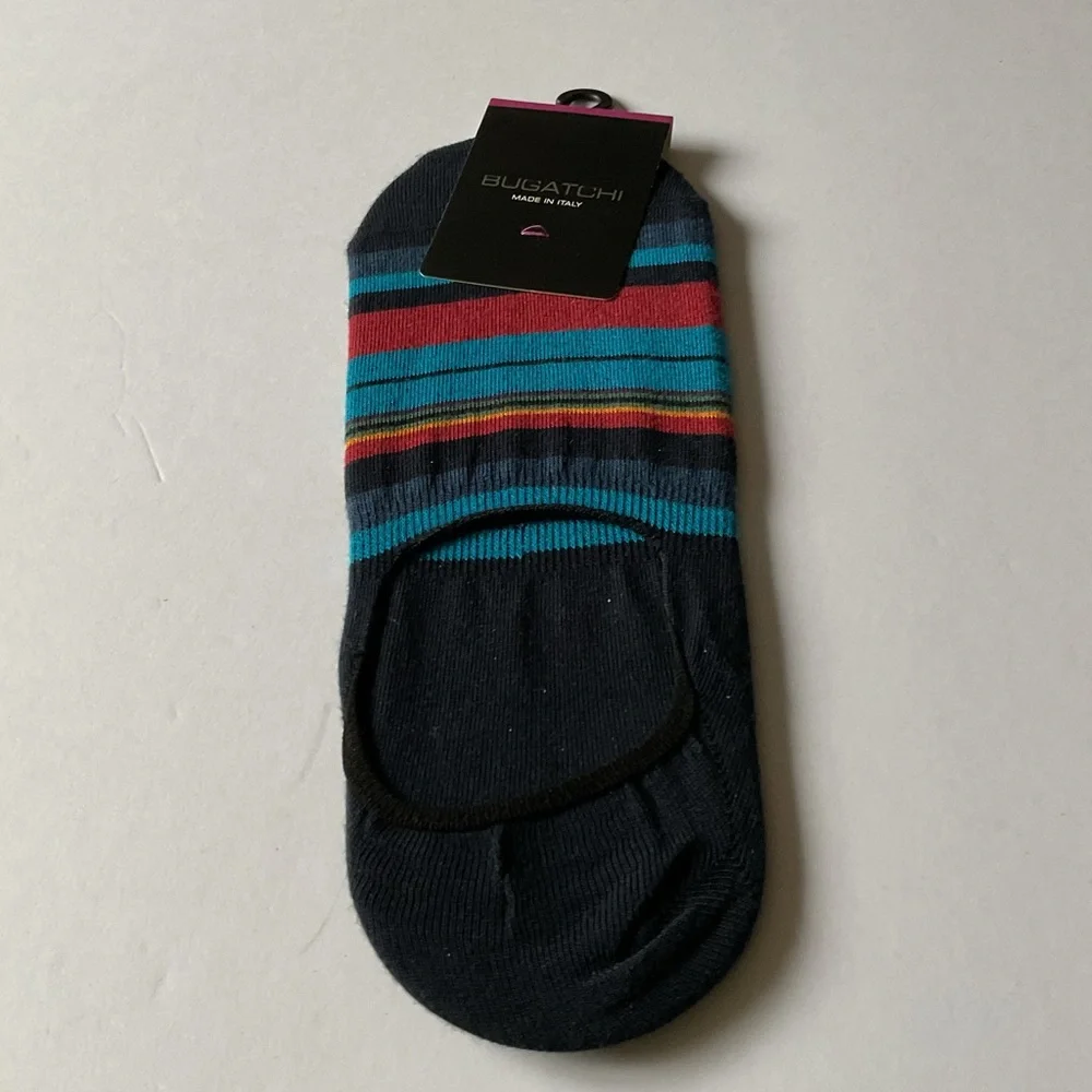 BUGATCHI MENS COTTON LINER SOCKS  BLUE MULTI-COLOR STRIPE OS NWT